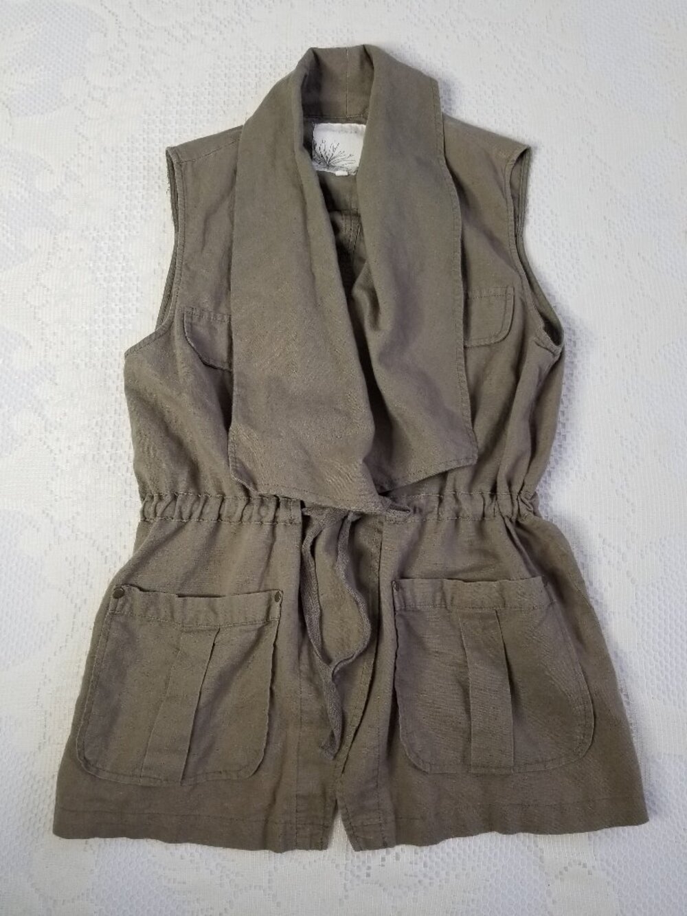 En Creme Olive Green Cargo Cinch Waist Vest Linen Blend Large